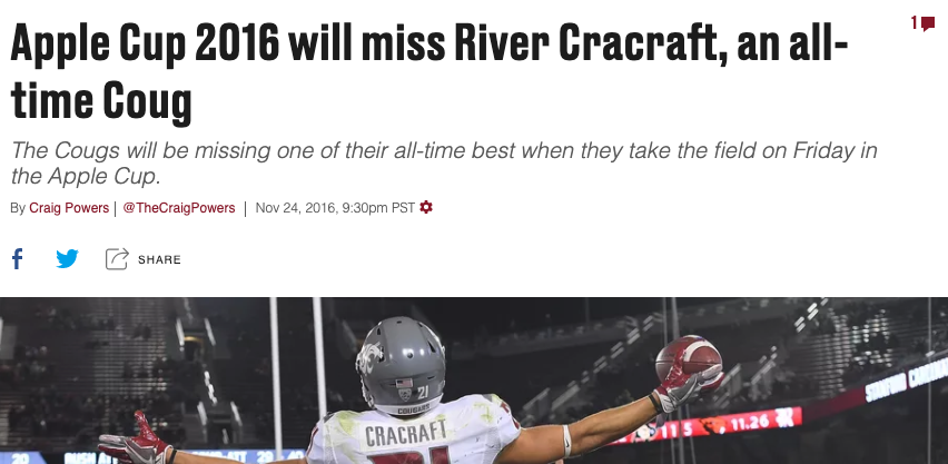 I'm proud of this essay on former Washington State wide receiver River Cracraft.